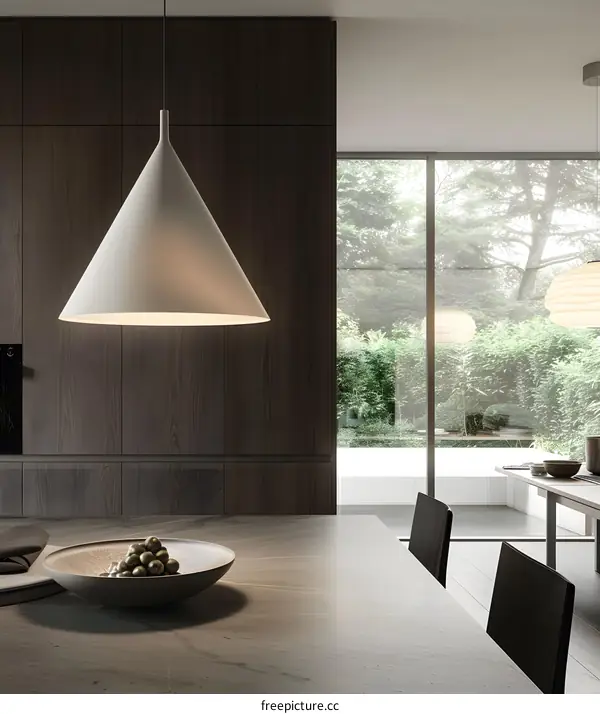 Modern Interior Design with a Large White Pendant Light and Wooden Cabinets