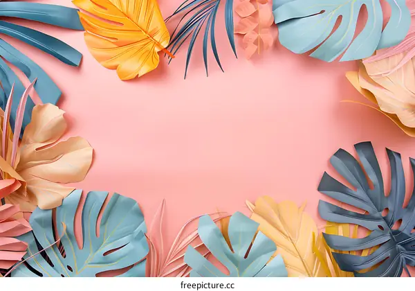 Tropical Leaves on Pink Background Flat Lay