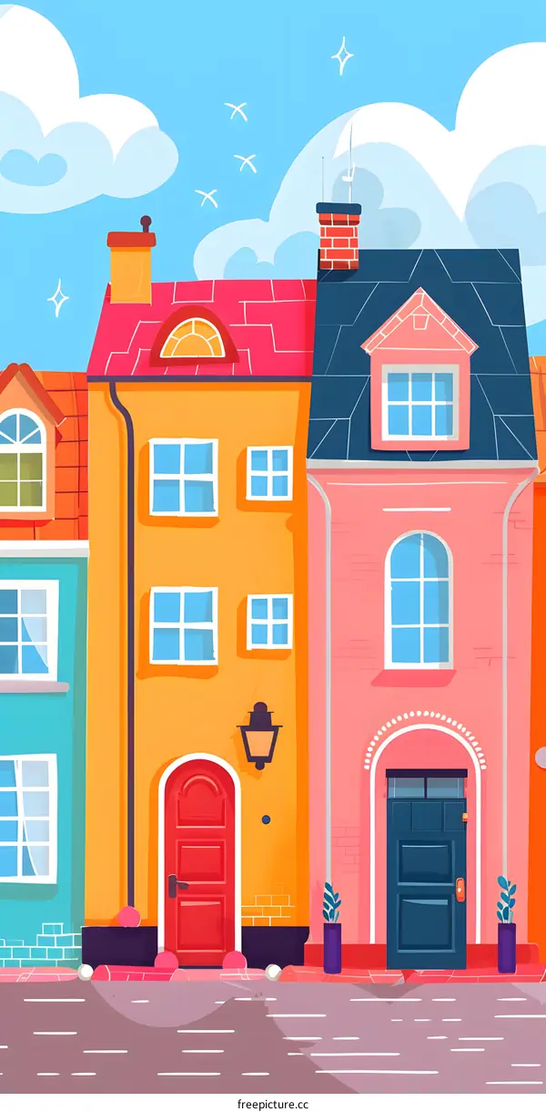Cartoon Illustration of Colorful Houses with Doors and Windows