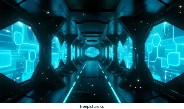 Futuristic Sci-Fi Corridor with Holographic Interface and Blue Glow