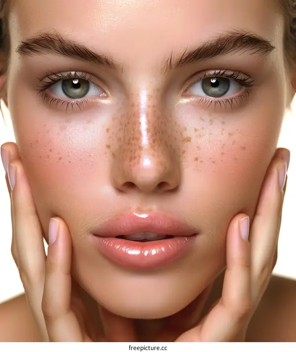 Close-up portrait of a young woman with freckles