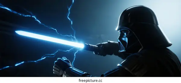 Darth Vader holding blue lightsaber with electric background