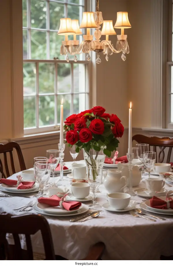 Elegant table setting with red roses centerpiece