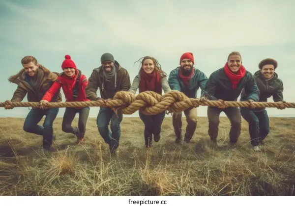 Diverse group of people pulling a rope together
