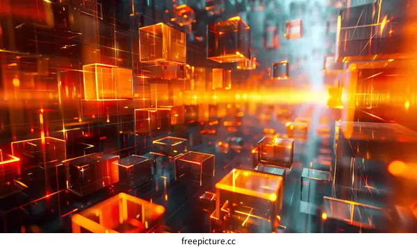 Abstract Glowing Orange Cubes in Dark Space