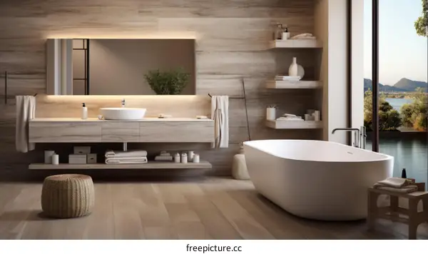 Bathroom interior with bathtub, sink and shelves