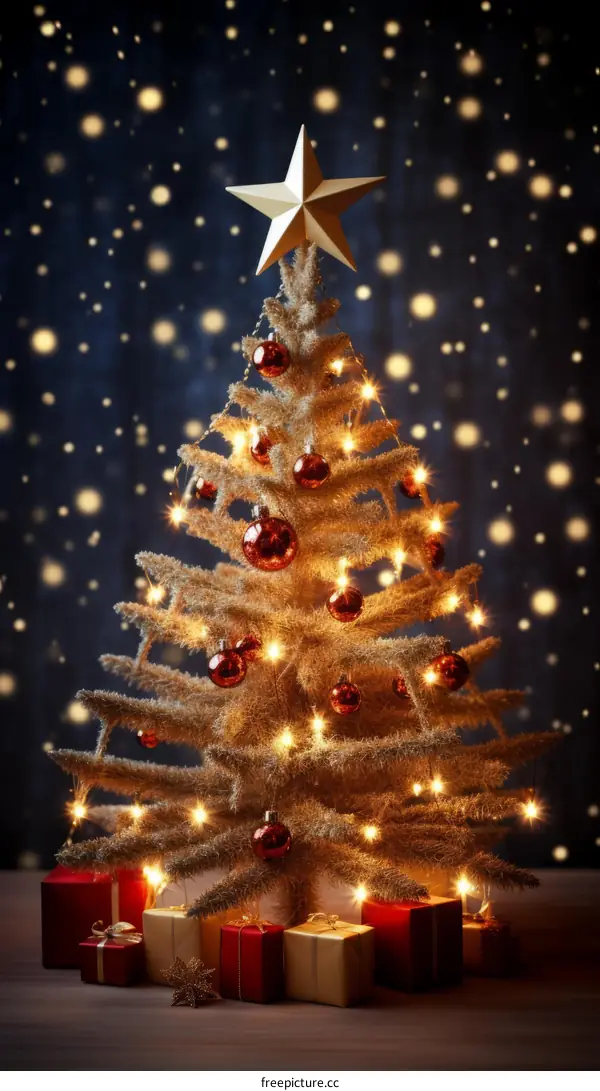 A beautifully decorated Christmas tree with presents underneath it.