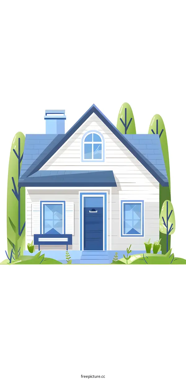 White House With Blue Roof And Green Trees