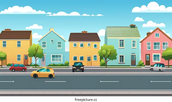 Cartoon Illustration of a Suburban Street with Houses and Cars