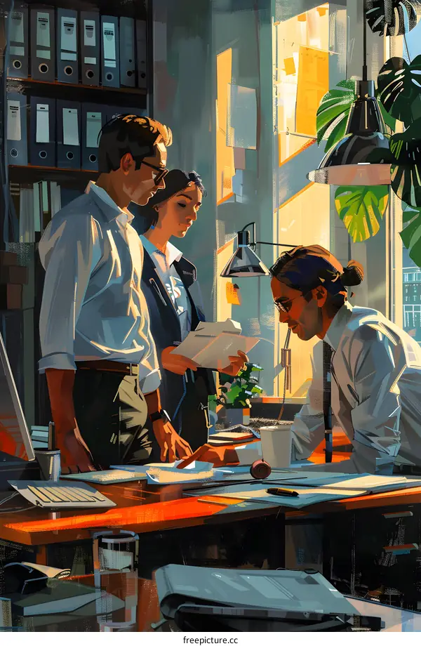 Colleagues discussing a project in an office