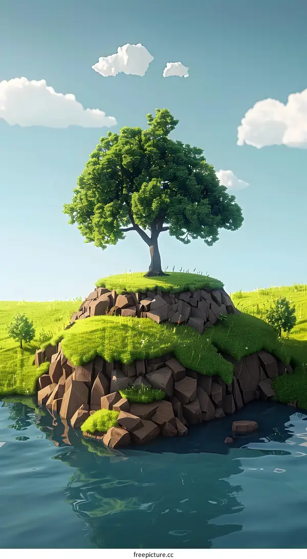 Low Poly Tree on Cliff with Water and Clouds