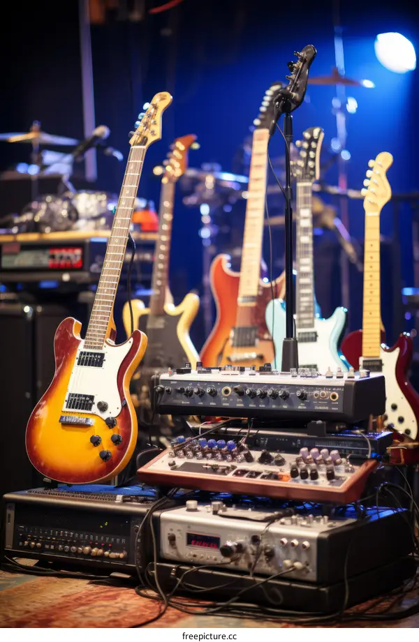 Electric guitars on stage, surrounded by other musical instruments