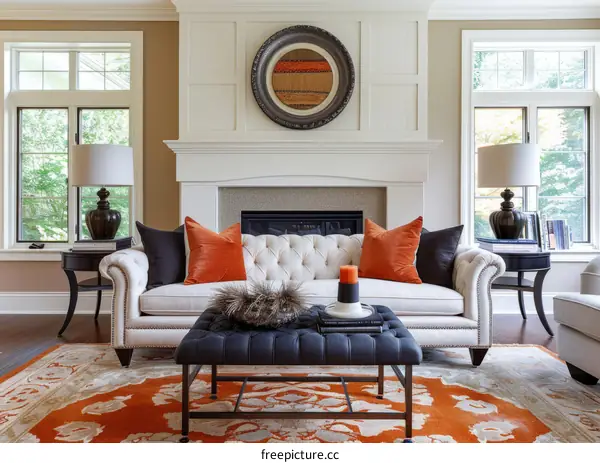 An exquisite living room features a cozy fireplace and plush sofa