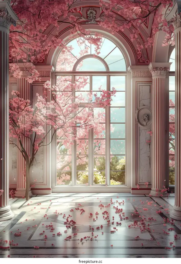 A Grand Hall with a Pink Cherry Blossom Tree in Full Bloom