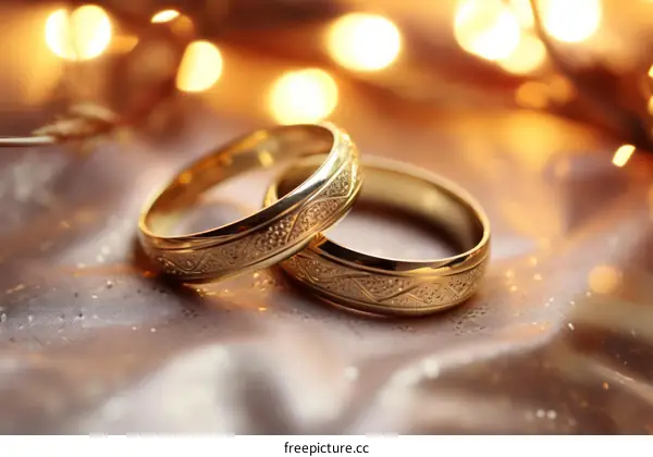 Two Golden Wedding Rings with Fairy Lights on Pink Silk Background