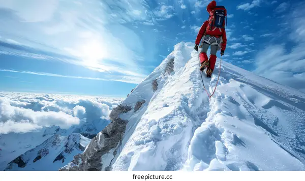 Mountaineer on the summit of a snow-capped mountain