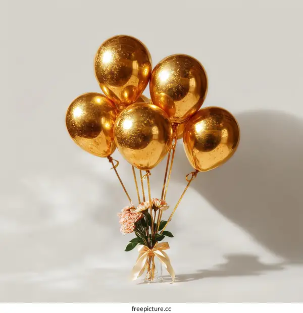 Golden Balloons with Pink Flowers Composition