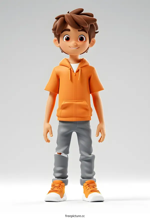 Smiling Cartoon Boy in Orange Hoodie and Jeans