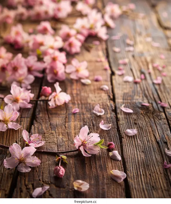 Pink cherry blossom flowers on a wooden background