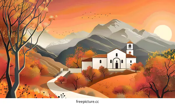 Autumn Landscape with Church and Mountains