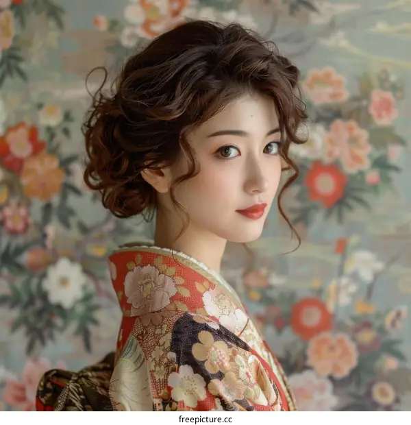 Portrait of a young woman in a kimono