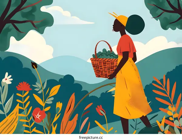 Woman Walking in a Field with a Basket of Flowers