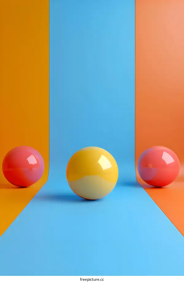 Three balls of different colors are placed in a blue, orange and pink background.