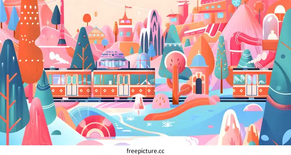 Colorful Cityscape Illustration with Train