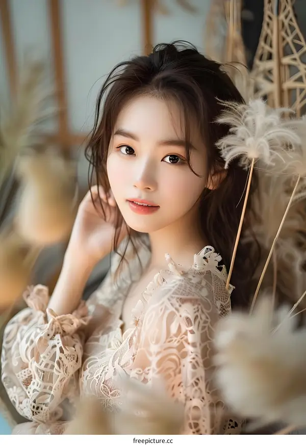 Beautiful Asian Woman in Lace Dress Looking at Camera
