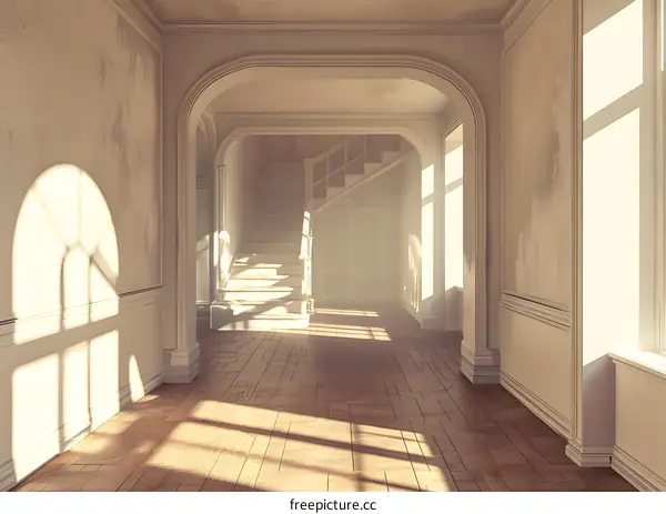 Sunbeams Through the Arched Hallway With White Staircase