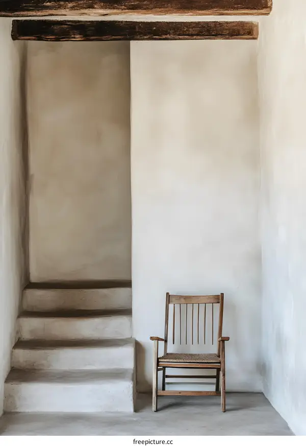 Minimalist Interior Design with Concrete Stairs and Wooden Chair