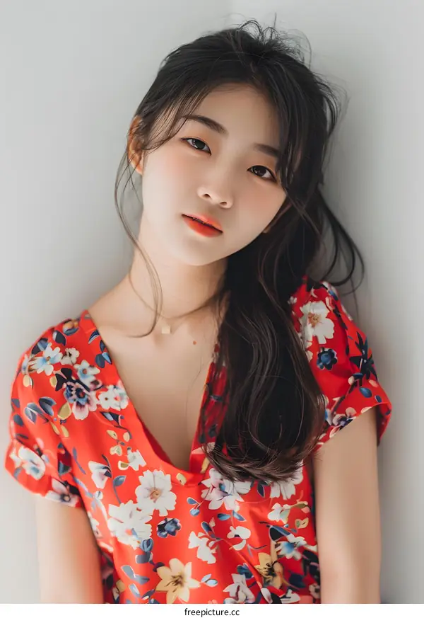 Portrait of a Young Asian Woman with Long Hair Wearing a Floral Dress