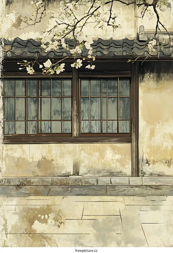 Vintage Japanese House with Cherry Blossom Illustration