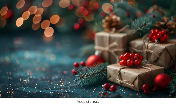 Christmas Gift Decor with Red Berries and Ornaments