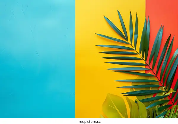 Tropical Leaves on Blue Yellow and Red Background