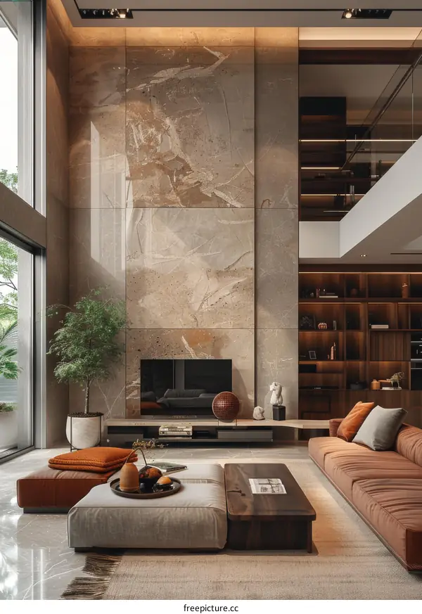 Modern Living Room Design with Green Plants and Floor-to-Ceiling Windows