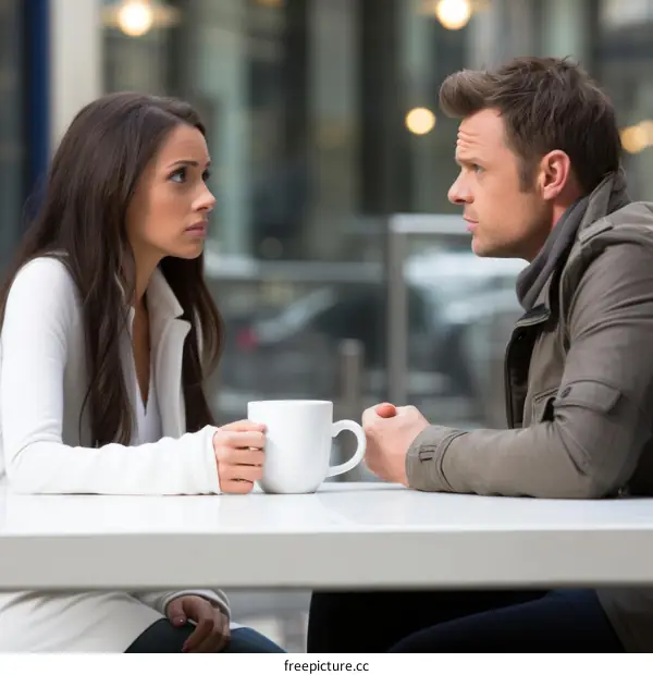 A serious couple is sitting at a table and talking