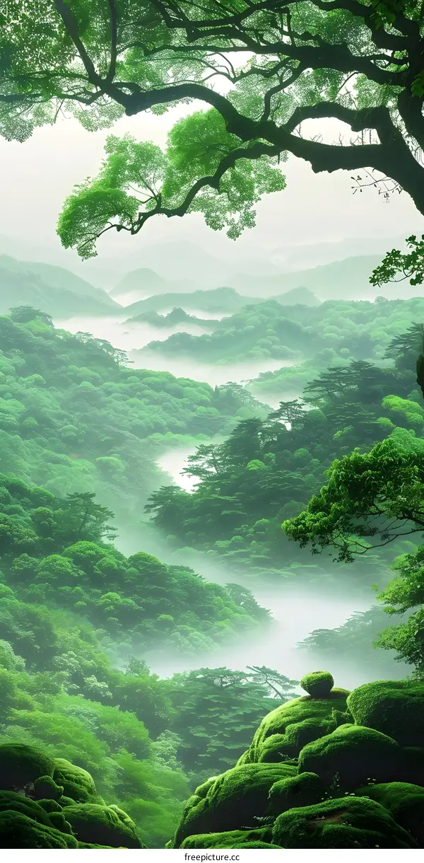 Misty Green Mountains With Lush Forest