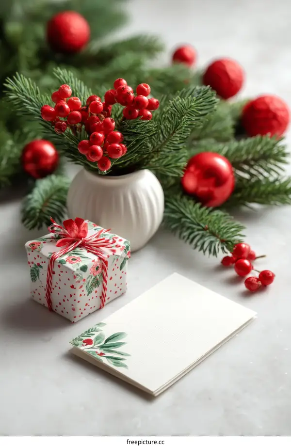 Christmas Gift and Card Arrangement on a Marble Surface