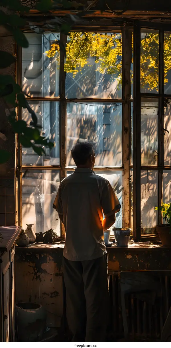 An old man is standing in front of the window