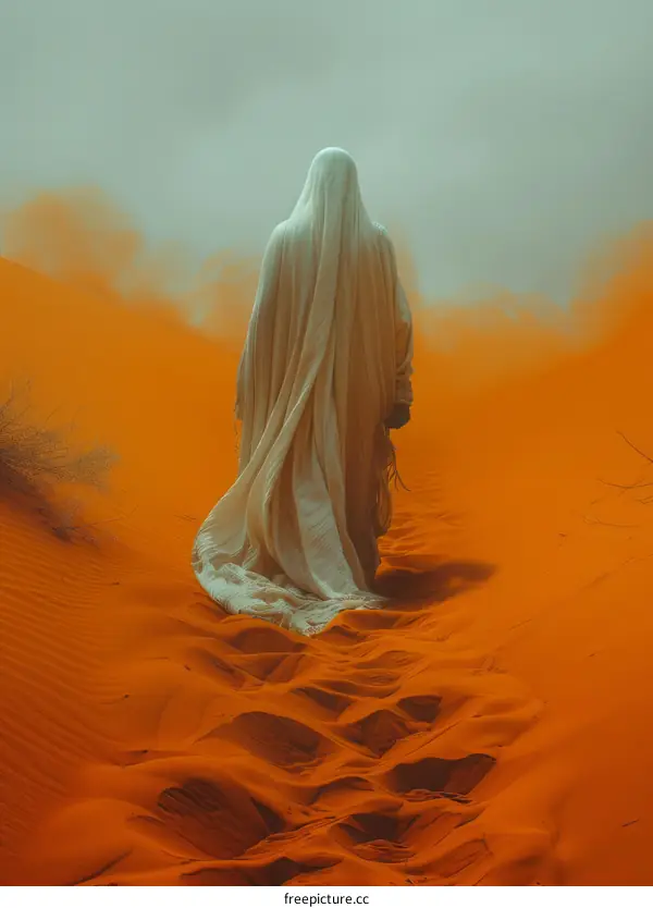 Solitary Figure Trekking Through Barren Desert
