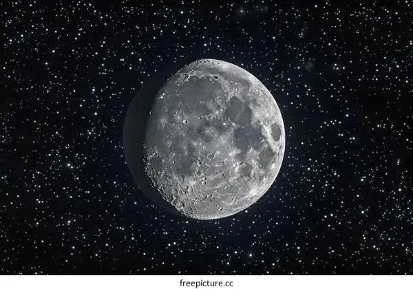 A detailed image of the moon's surface with craters and stars in the background