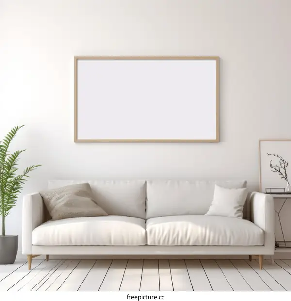 Minimalist White Living Room with Empty Frame and Plant