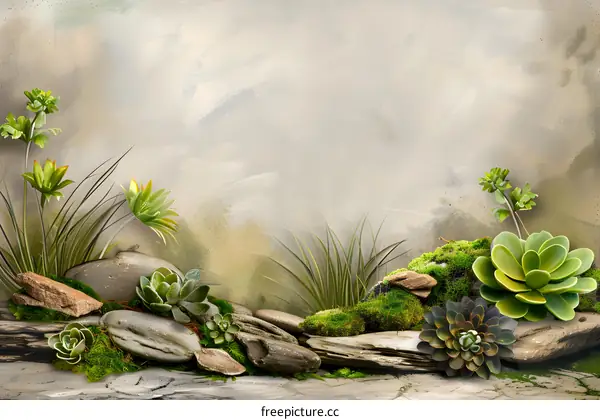 Abstract Green Succulents and Moss on Rocks