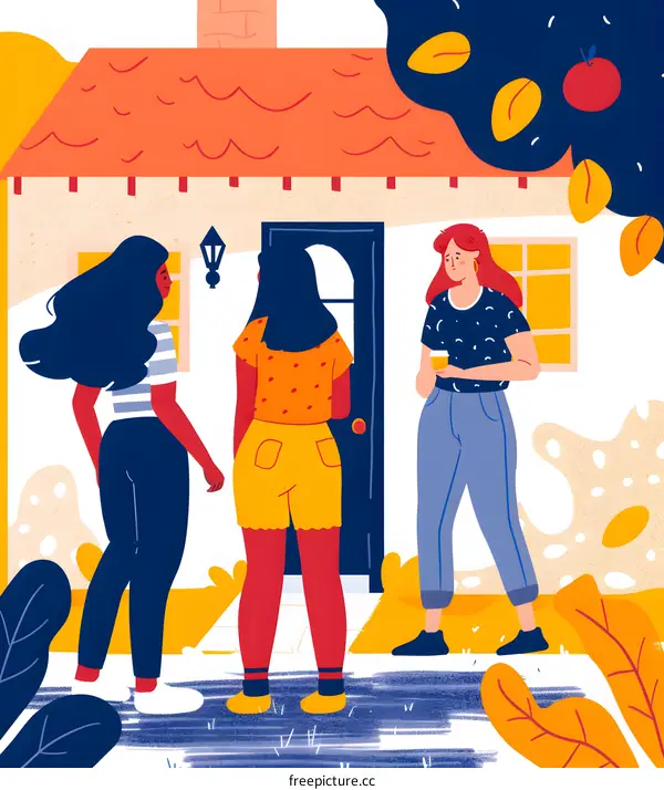 Three Women Standing Outside a House