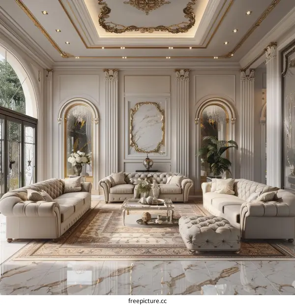 Luxurious Living Room with Marble and Gold Accents