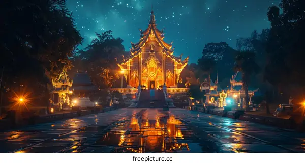 Buddhist Temple Reflection on Wet Ground at Night