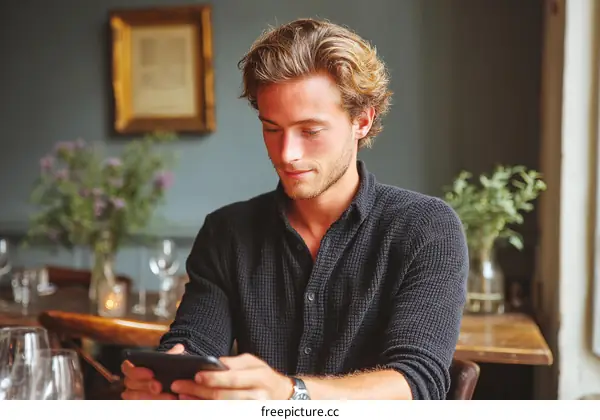 Caucasian Man Using Tablet in Restaurant