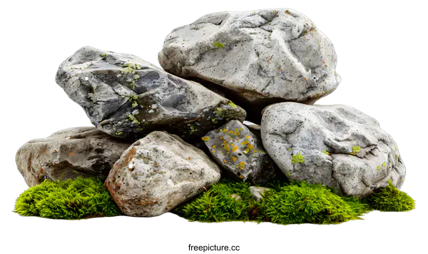 [Transparent Background PNG]Stack of Grey Rocks and Green Moss on White Background