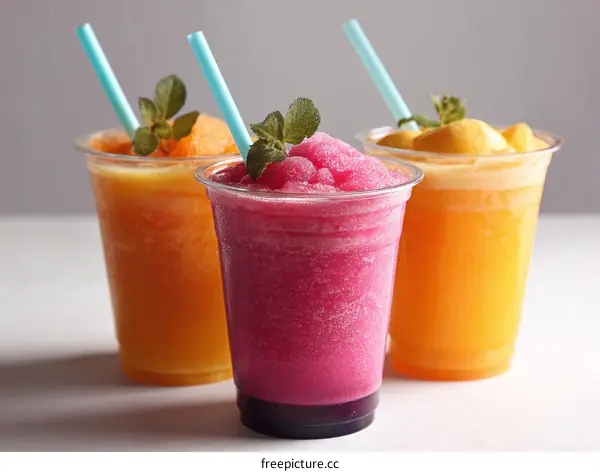 Three Colorful FruitSmoothies in Plastic Cups